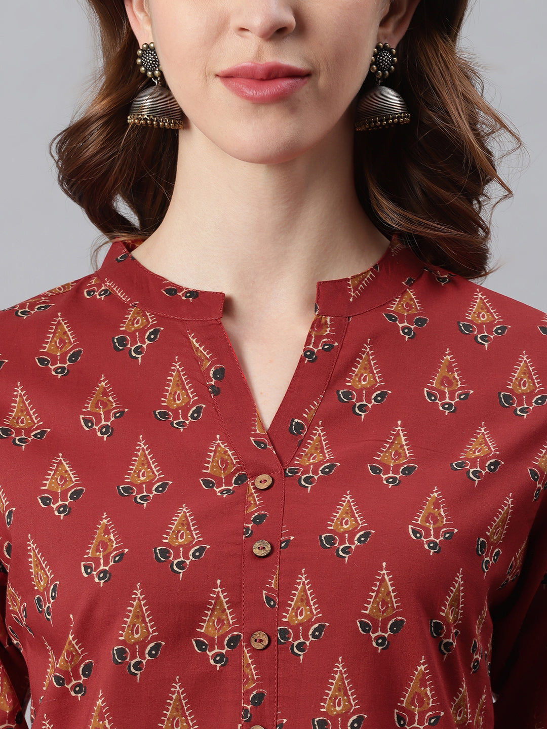Janasya Women's Red Cotton Ethnic Motifs Straight Tunic | Grocsy