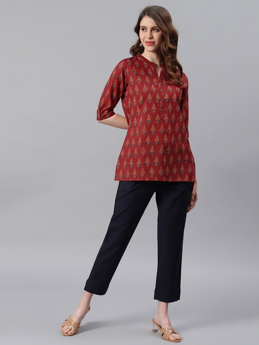Janasya Women's Red Cotton Ethnic Motifs Straight Tunic | Grocsy