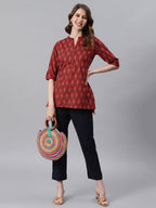 Janasya Women's Red Cotton Ethnic Motifs Straight Tunic | Grocsy