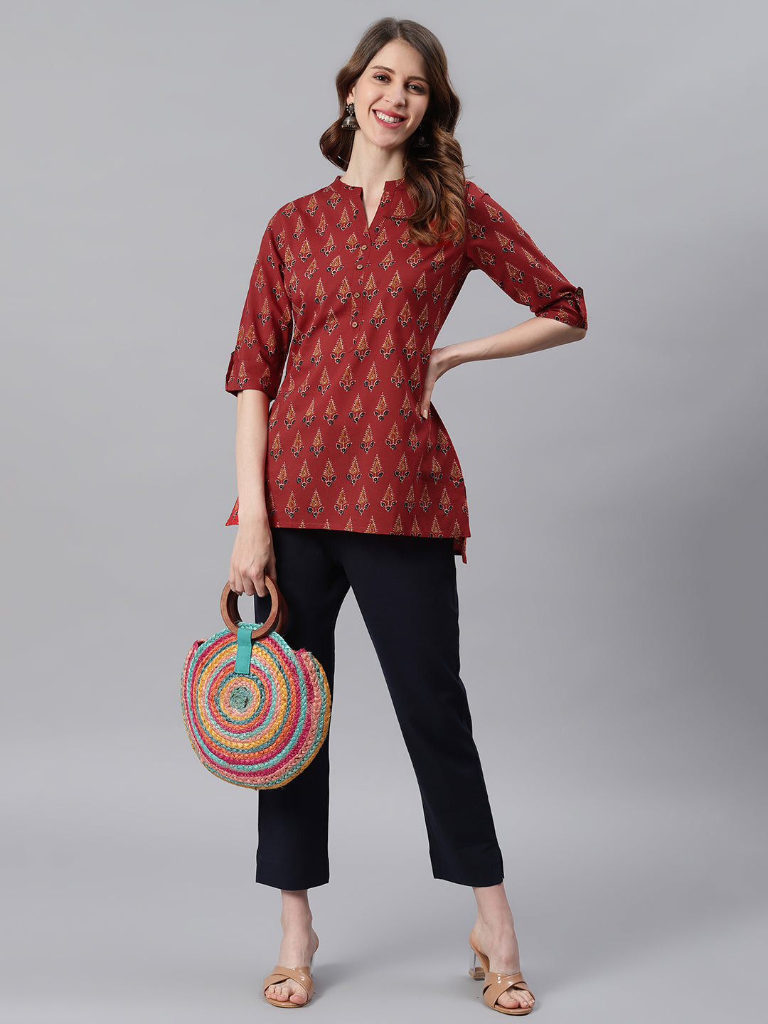 Janasya Women's Red Cotton Ethnic Motifs Straight Tunic | Grocsy
