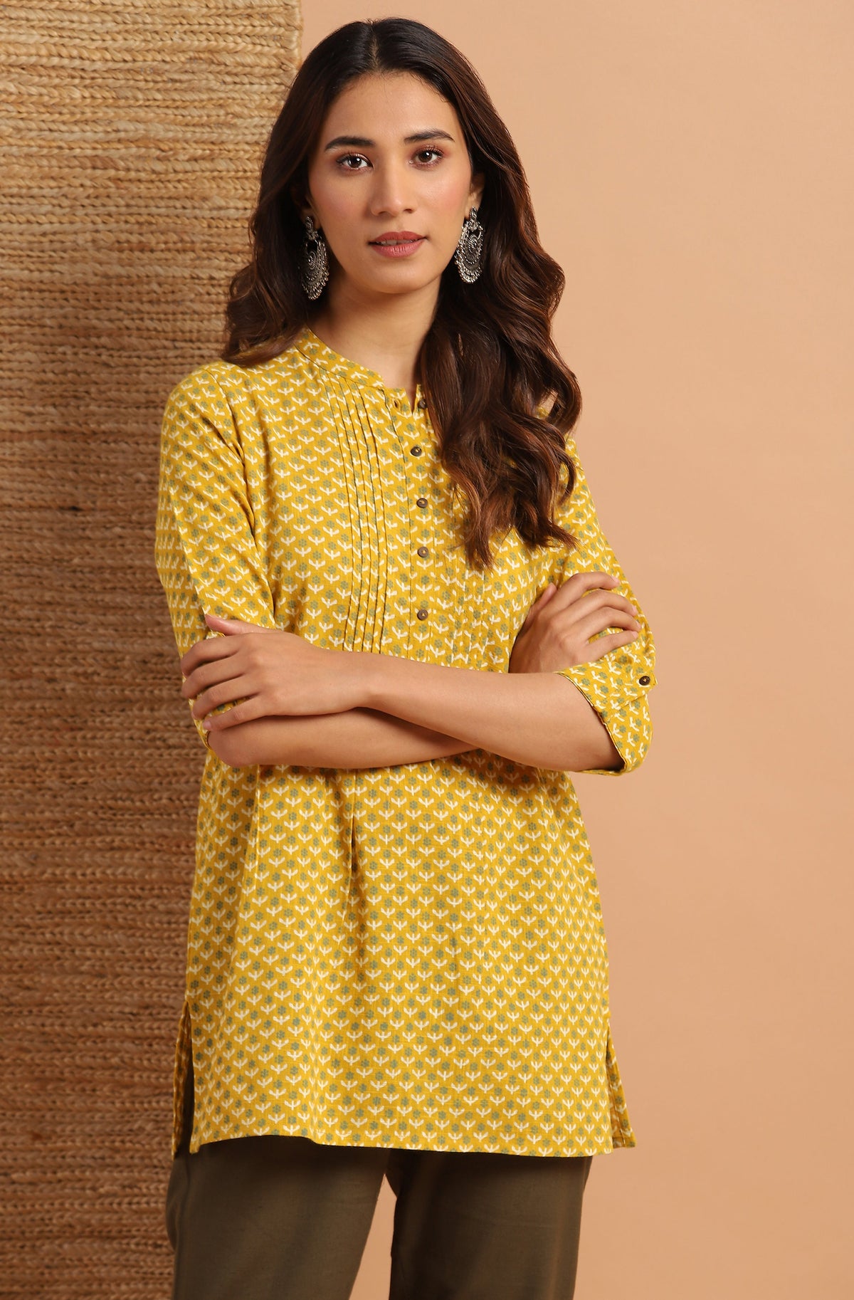 Janasya Women's Mustard Cotton Slub Floral Print Straight Tunic | Grocsy
