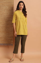 Janasya Women's Mustard Cotton Slub Floral Print Straight Tunic | Grocsy