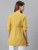 Janasya Women's Mustard Cotton Slub Floral Print Straight Tunic | Grocsy