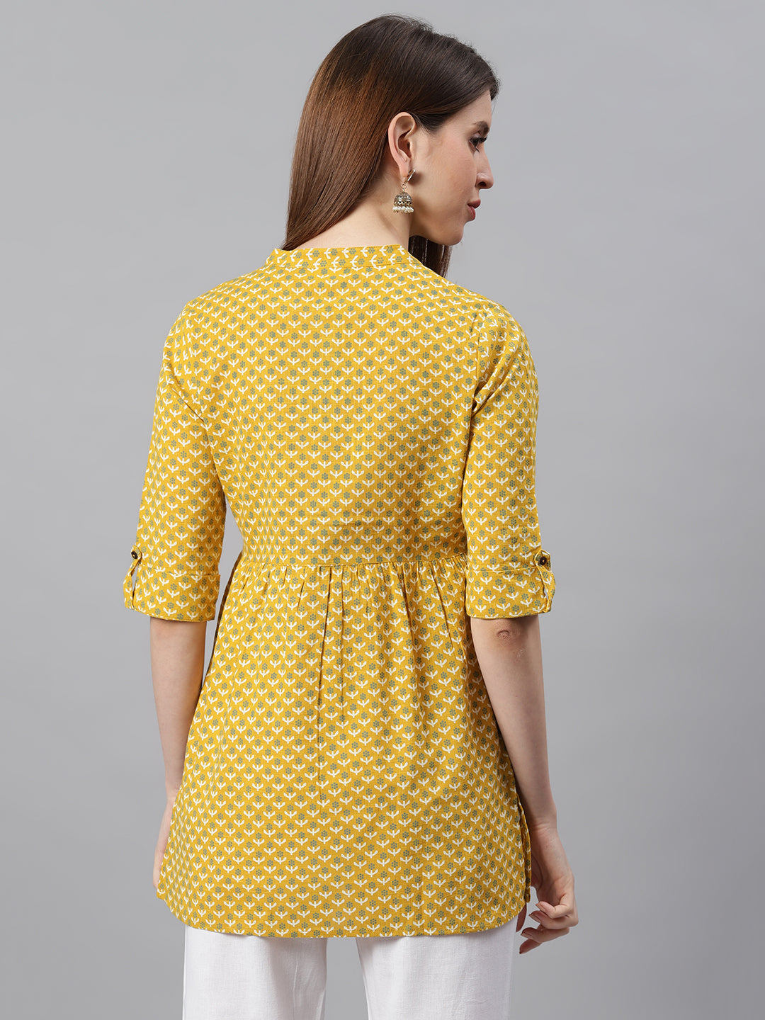 Janasya Women's Mustard Cotton Slub Floral Print Straight Tunic | Grocsy