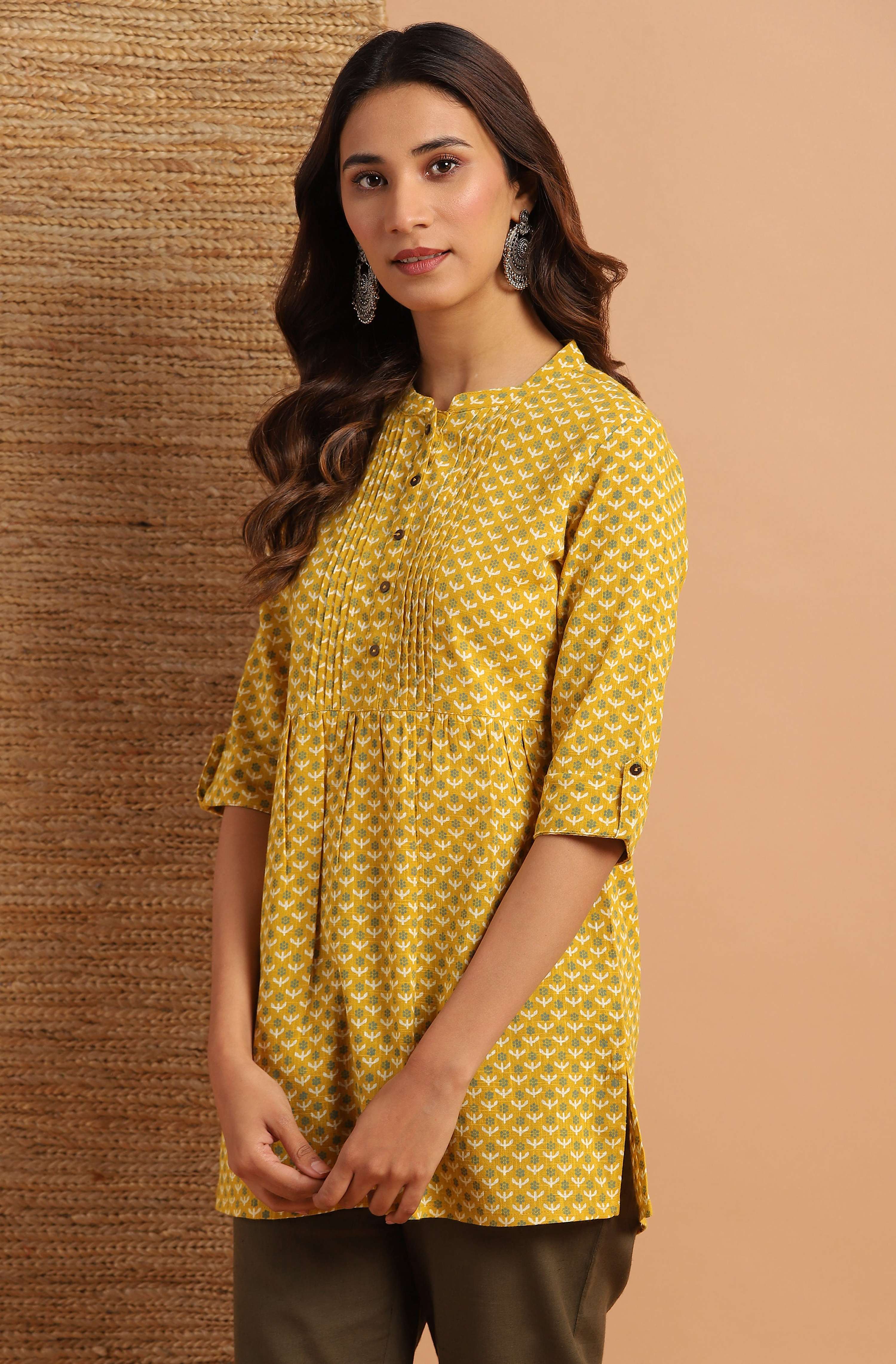 Janasya Women's Mustard Cotton Slub Floral Print Straight Tunic | Grocsy