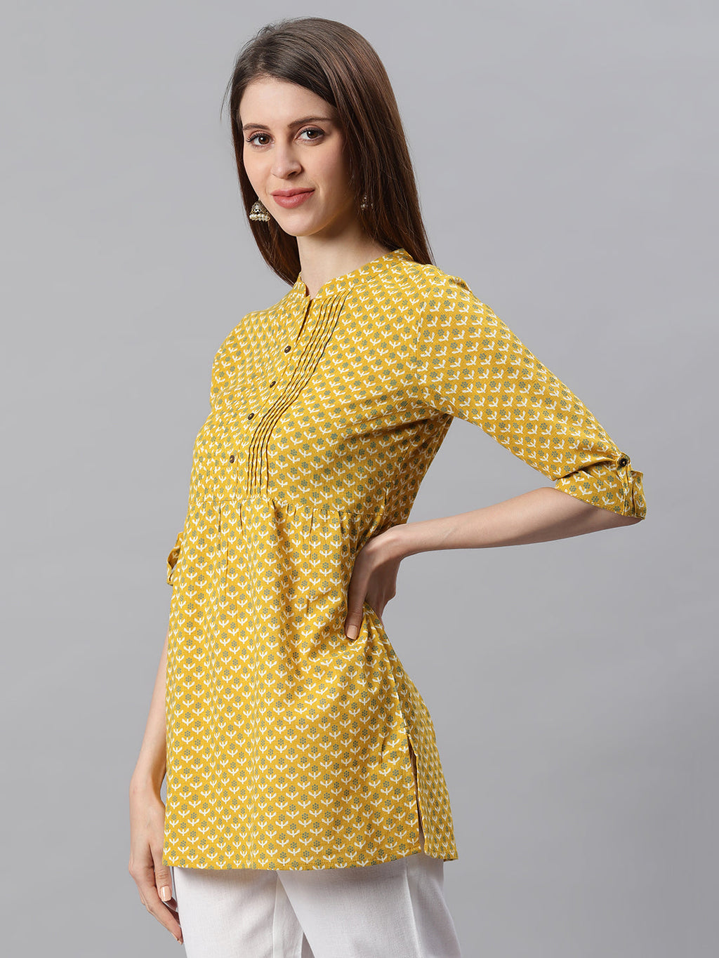 Janasya Women's Mustard Cotton Slub Floral Print Straight Tunic | Grocsy