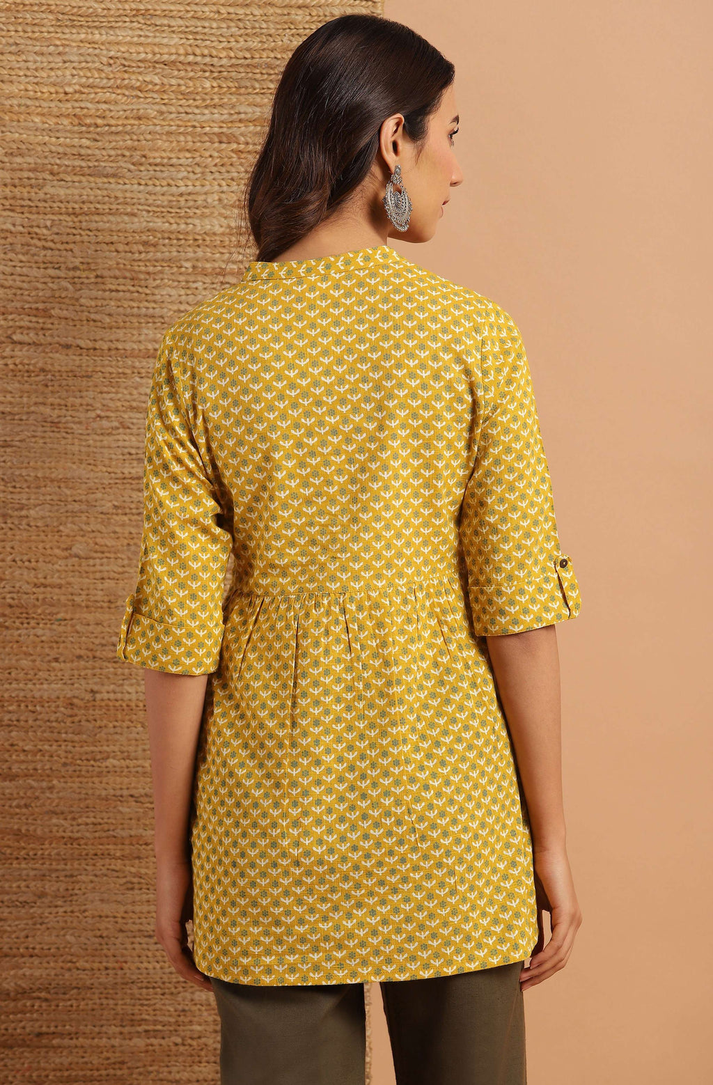 Janasya Women's Mustard Cotton Slub Floral Print Straight Tunic | Grocsy
