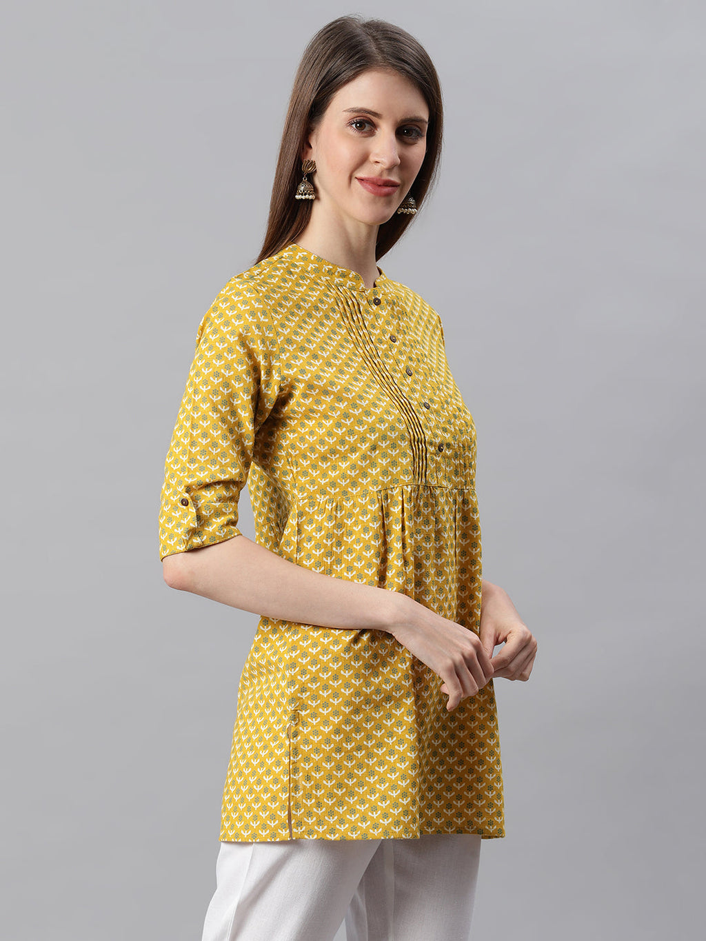 Janasya Women's Mustard Cotton Slub Floral Print Straight Tunic | Grocsy