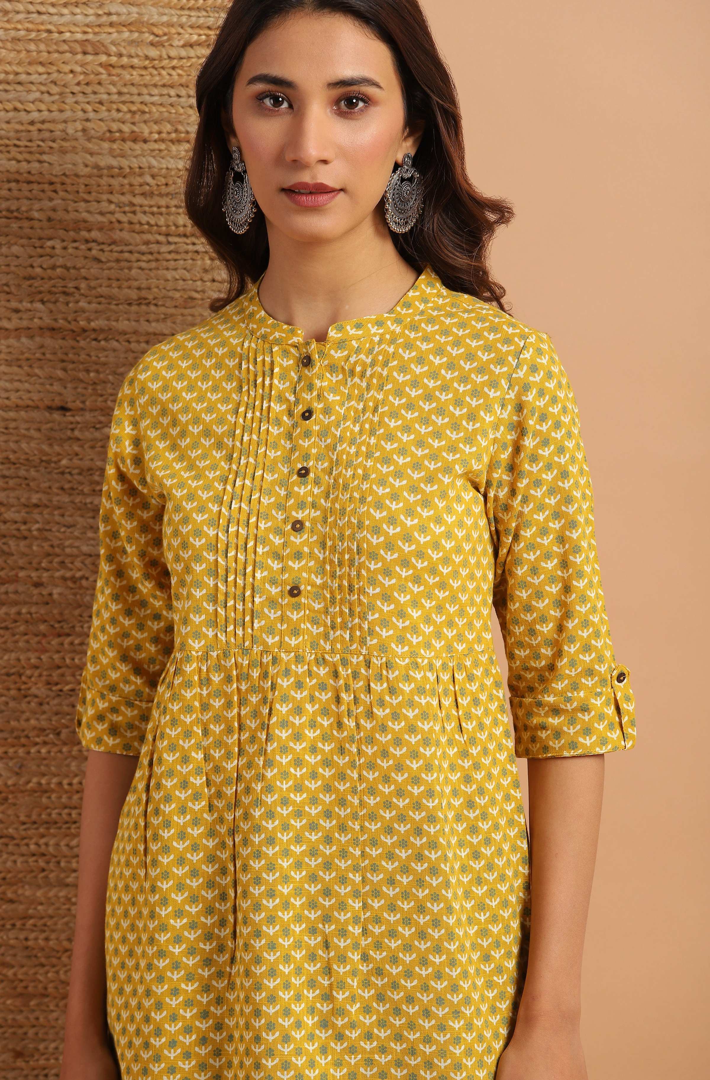 Janasya Women's Mustard Cotton Slub Floral Print Straight Tunic | Grocsy