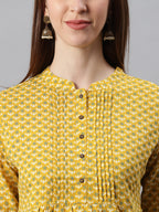 Janasya Women's Mustard Cotton Slub Floral Print Straight Tunic | Grocsy