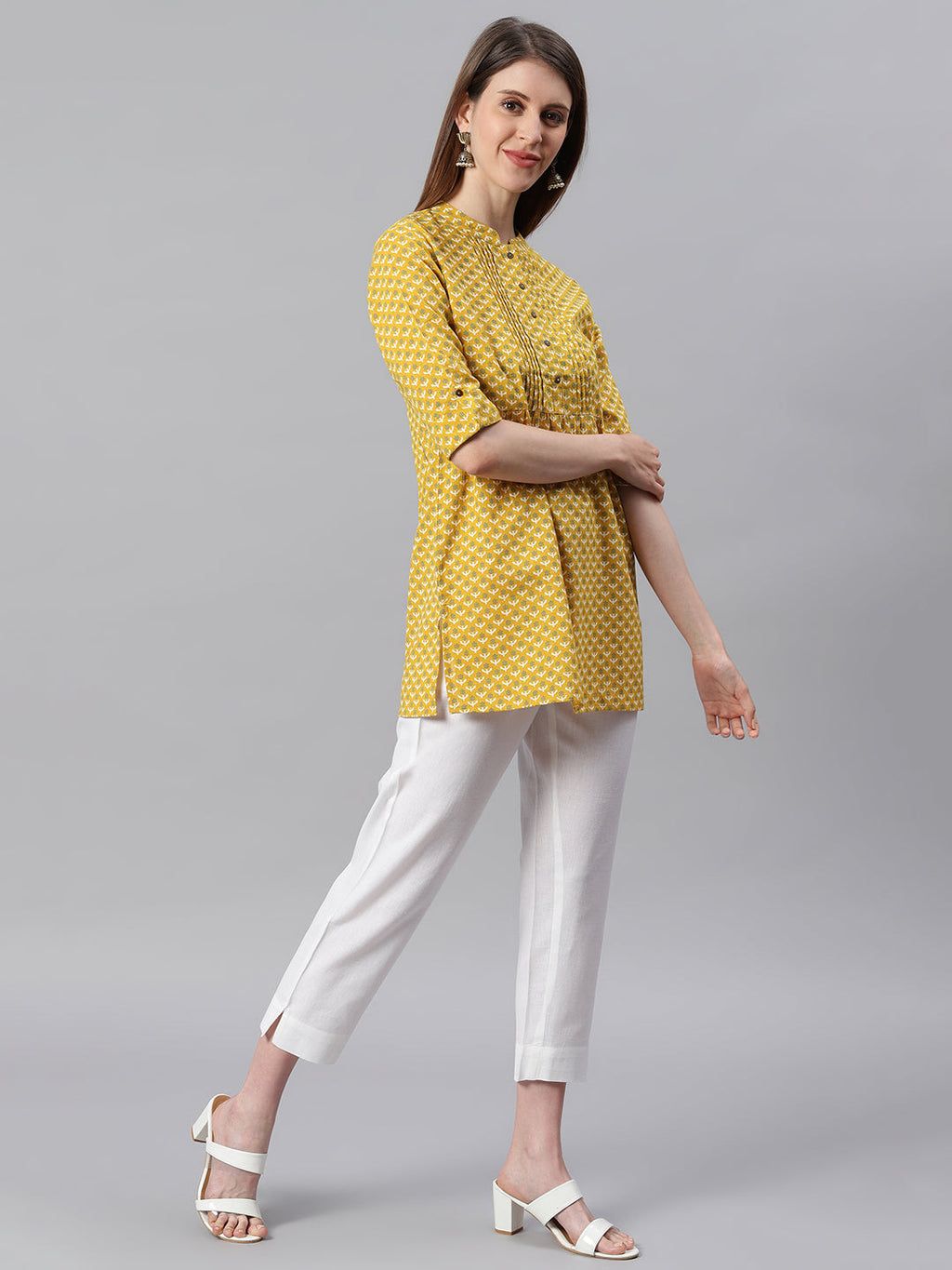 Janasya Women's Mustard Cotton Slub Floral Print Straight Tunic | Grocsy