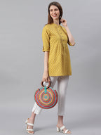 Janasya Women's Mustard Cotton Slub Floral Print Straight Tunic | Grocsy
