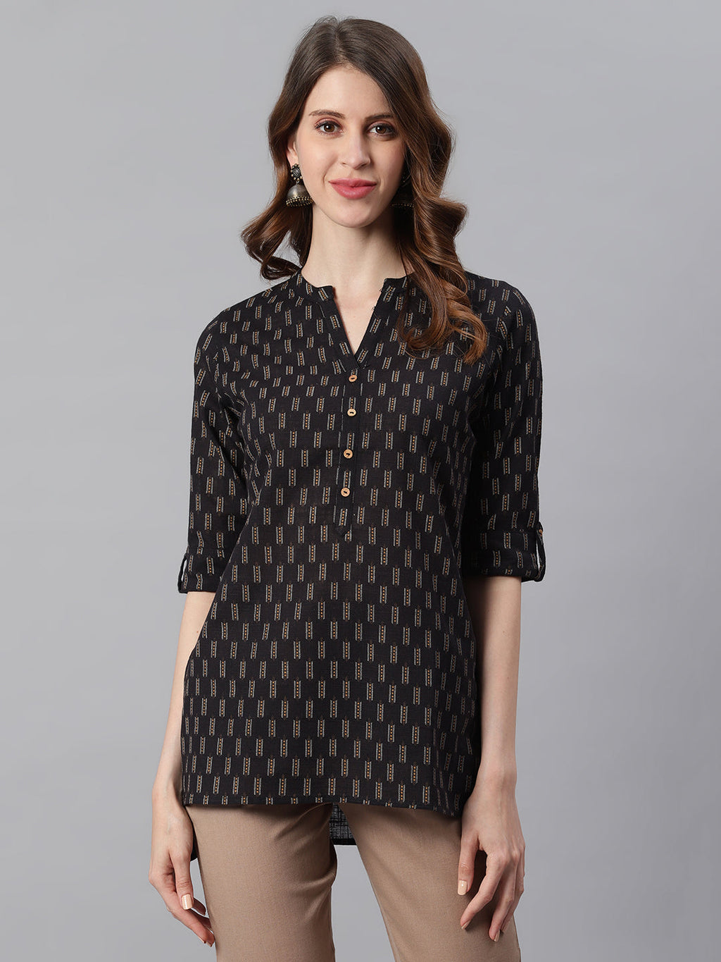 Janasya Women's Black Cotton Slub Geometric Print Straight Tunic | Grocsy
