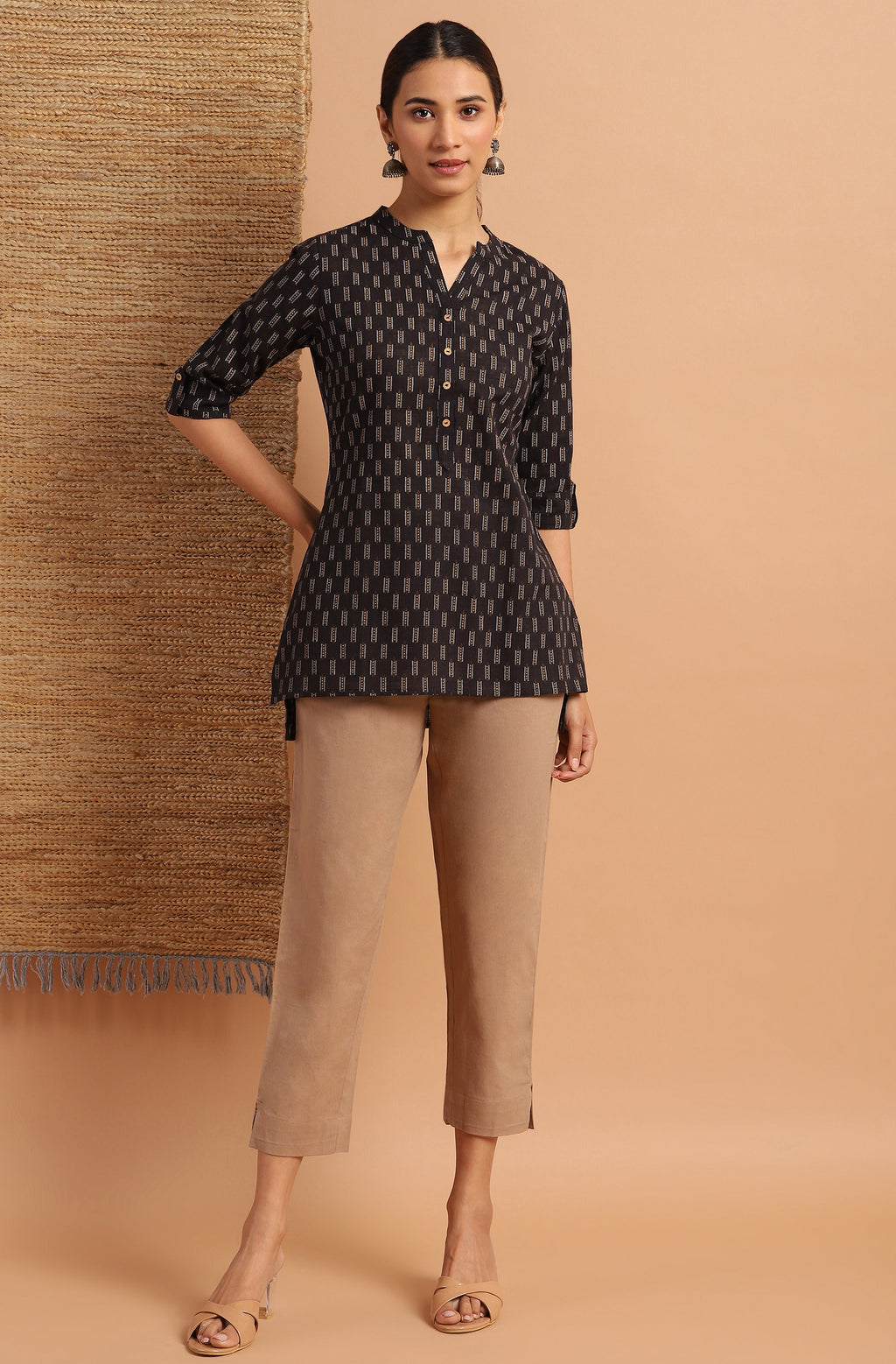Janasya Women's Black Cotton Slub Geometric Print Straight Tunic | Grocsy