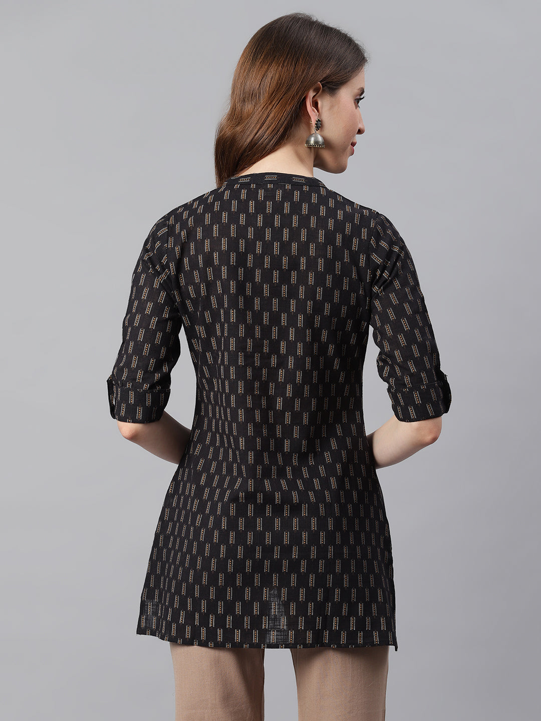 Janasya Women's Black Cotton Slub Geometric Print Straight Tunic | Grocsy
