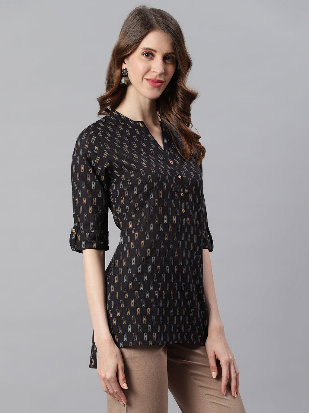 Janasya Women's Black Cotton Slub Geometric Print Straight Tunic | Grocsy