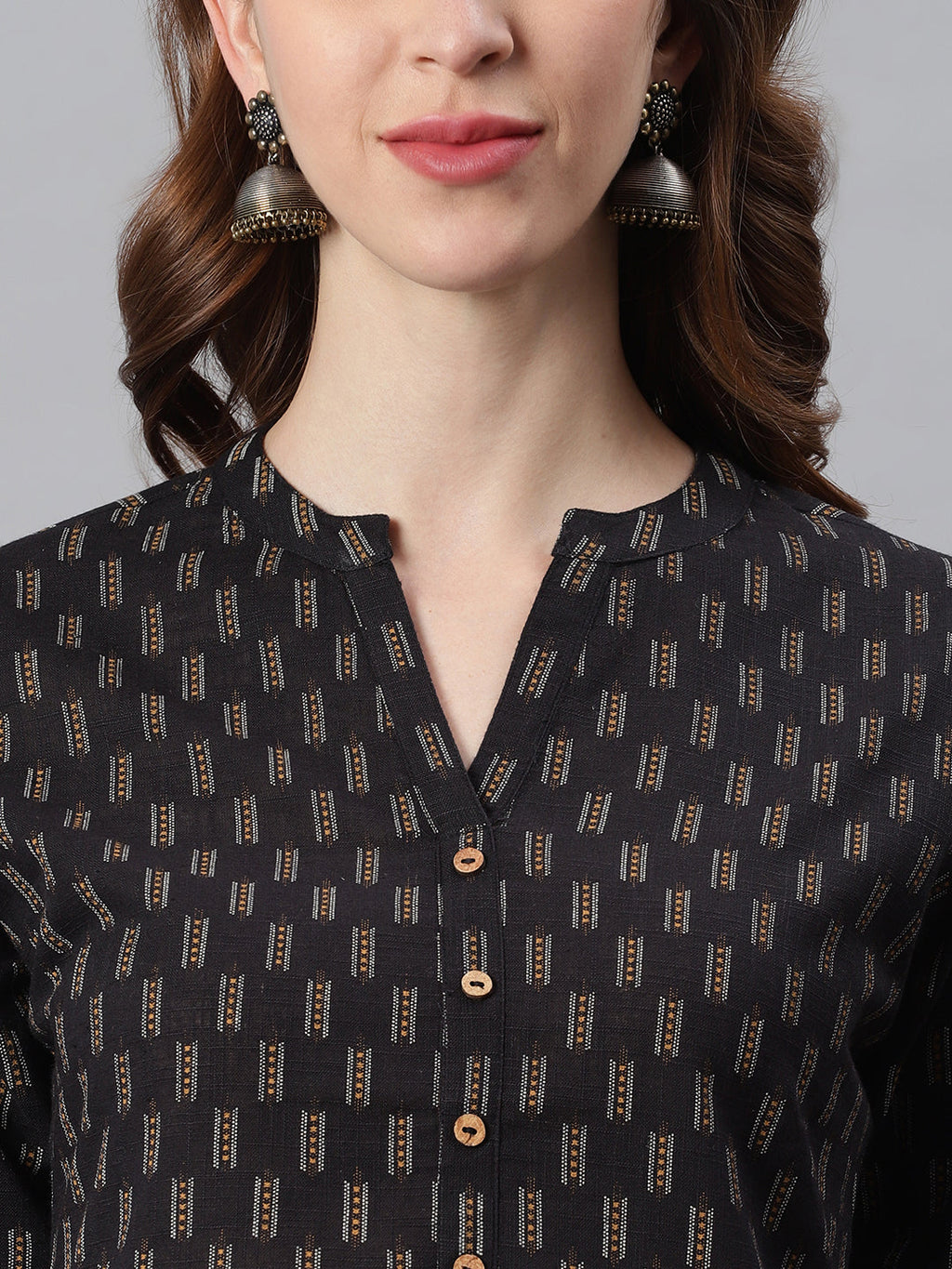 Janasya Women's Black Cotton Slub Geometric Print Straight Tunic | Grocsy