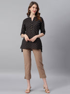 Janasya Women's Black Cotton Slub Geometric Print Straight Tunic | Grocsy