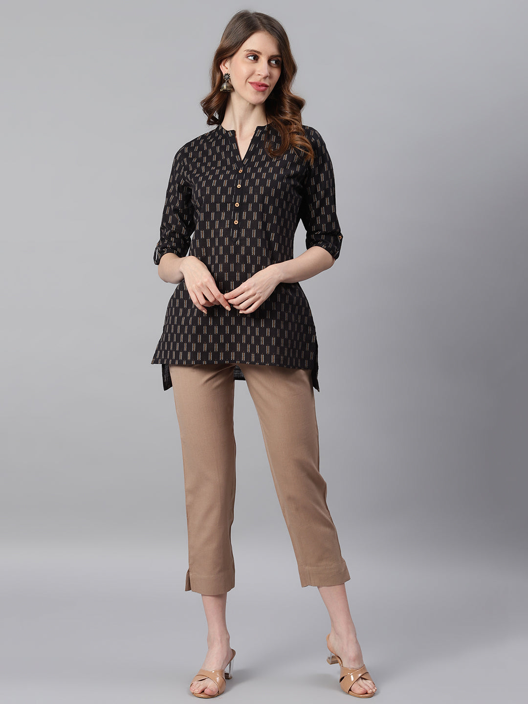 Janasya Women's Black Cotton Slub Geometric Print Straight Tunic | Grocsy