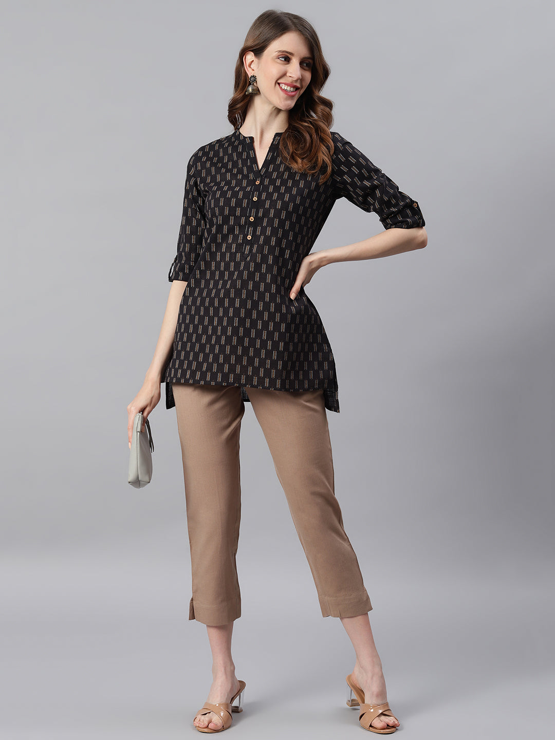 Janasya Women's Black Cotton Slub Geometric Print Straight Tunic | Grocsy