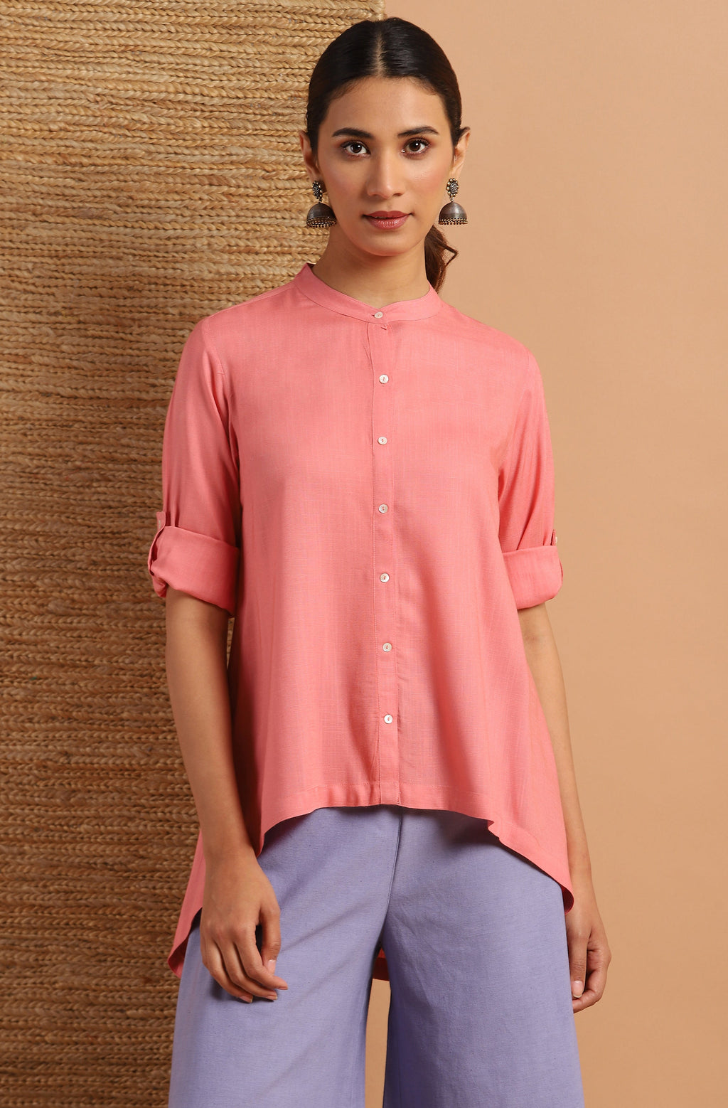 Janasya Women's Pink Rayon Solid High Low Tunic | Grocsy