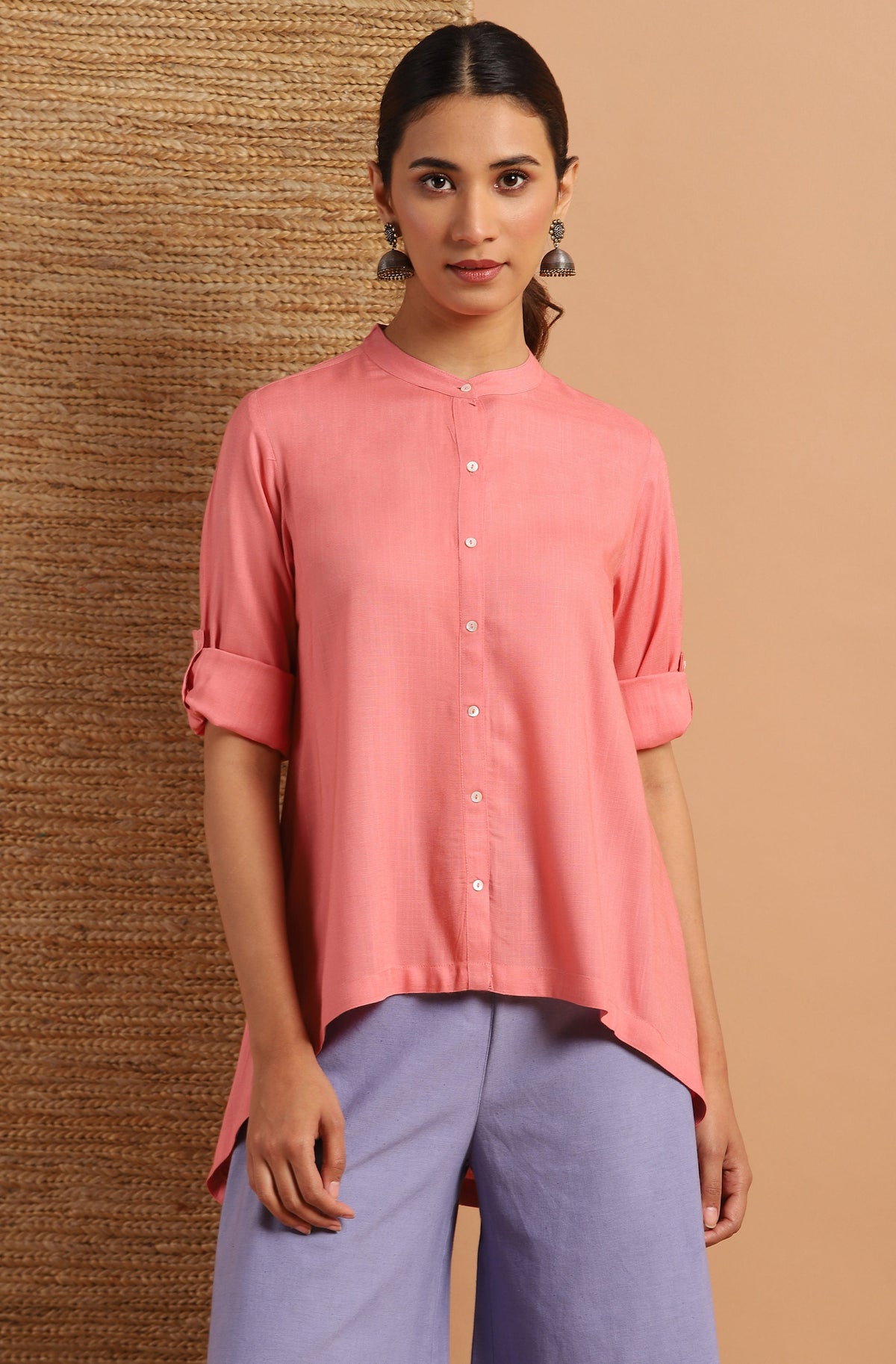 Janasya Women's Pink Rayon Solid High Low Tunic | Grocsy