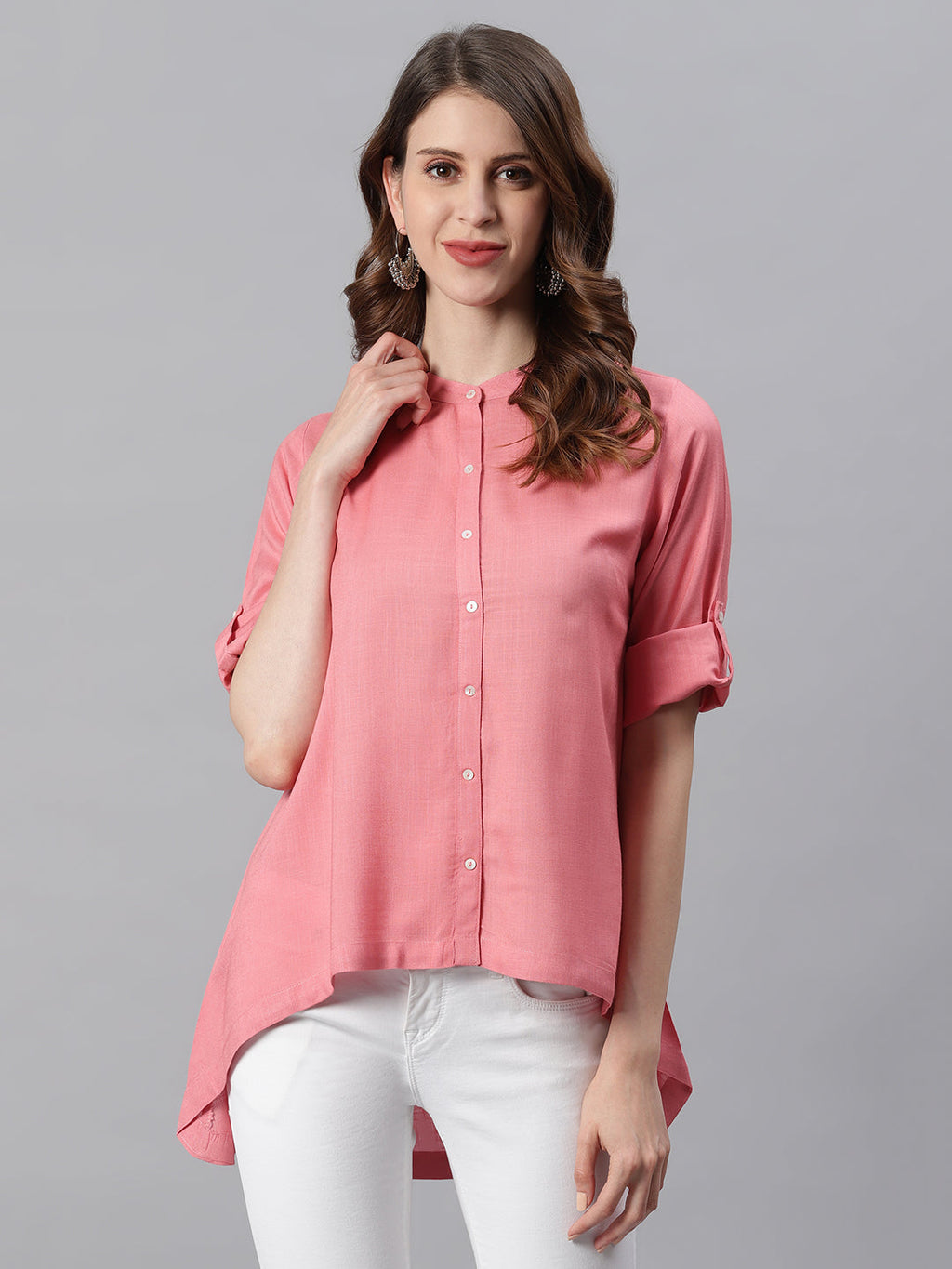 Janasya Women's Pink Rayon Solid High Low Tunic | Grocsy