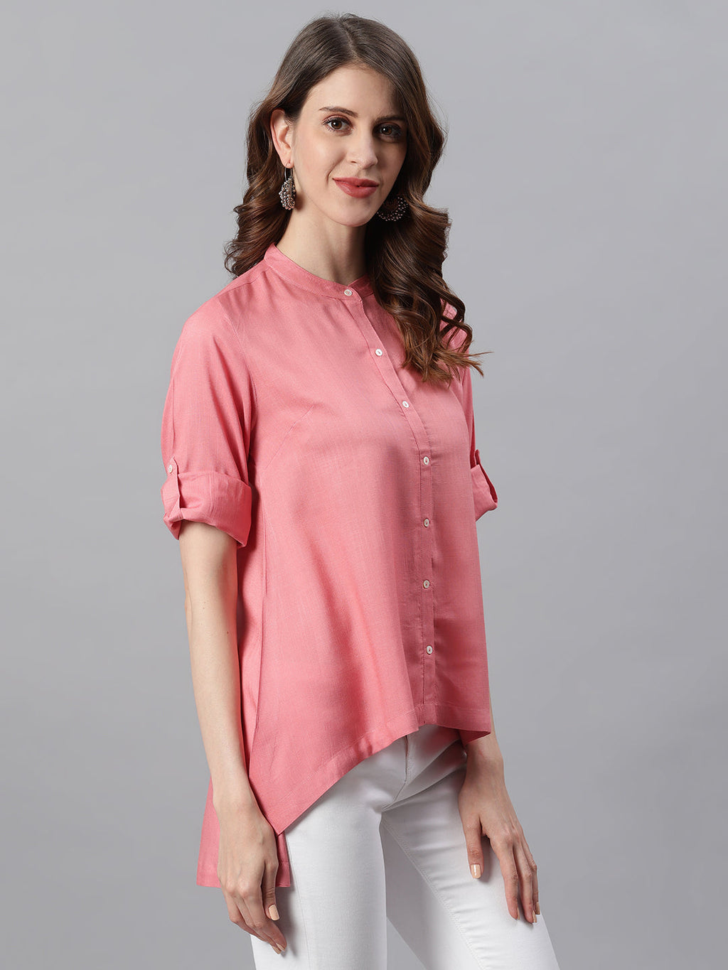 Janasya Women's Pink Rayon Solid High Low Tunic | Grocsy