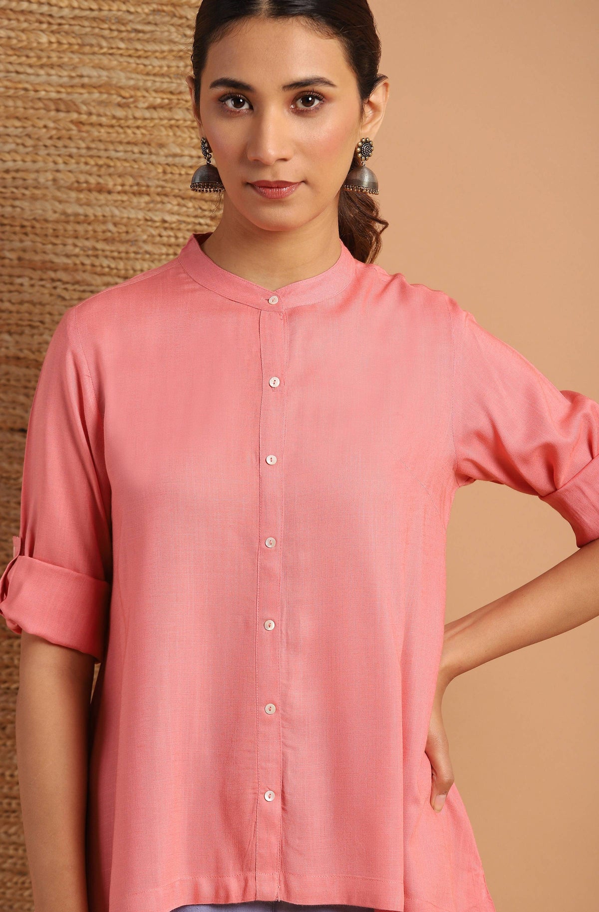 Janasya Women's Pink Rayon Solid High Low Tunic | Grocsy