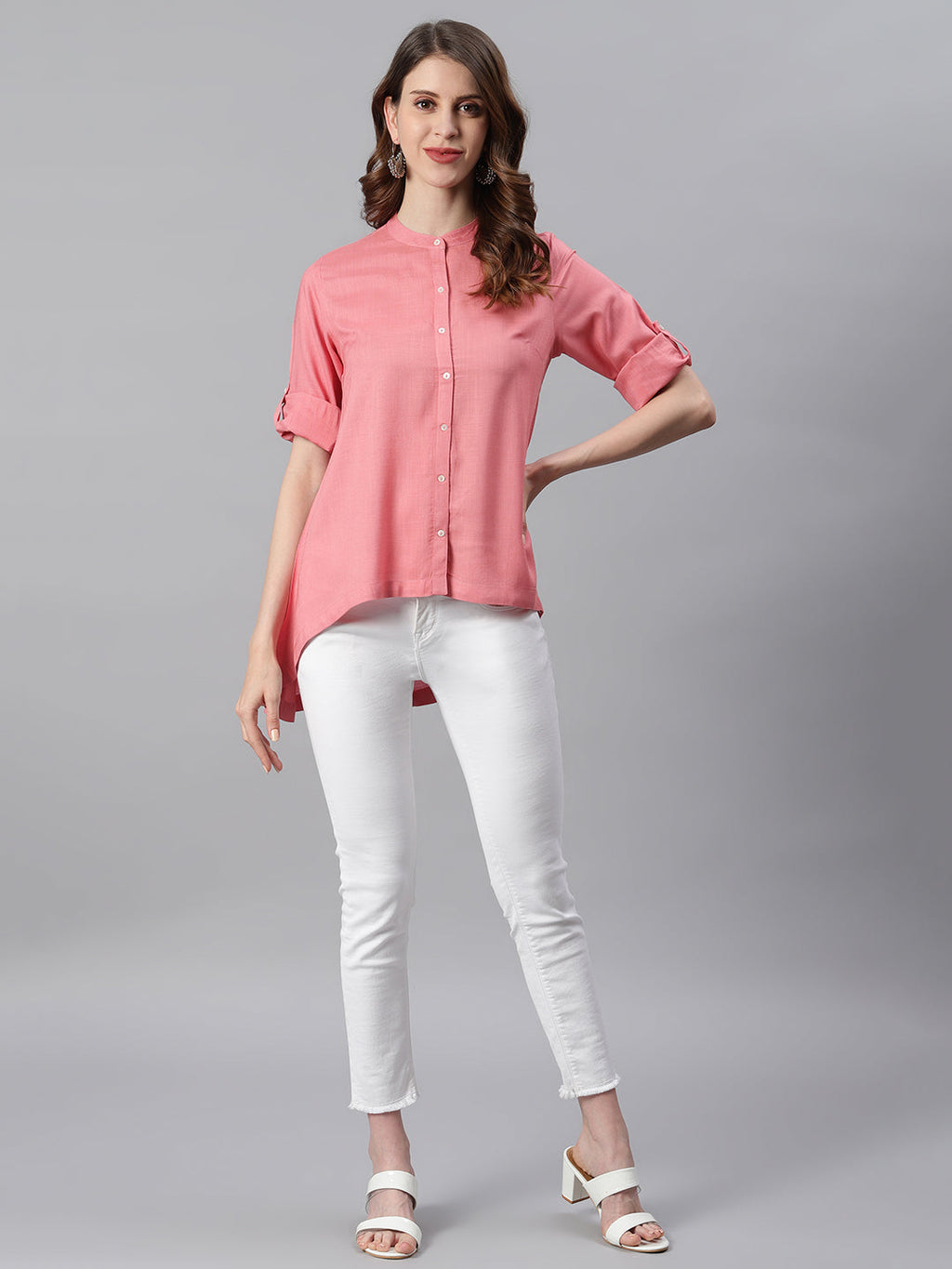 Janasya Women's Pink Rayon Solid High Low Tunic | Grocsy