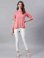 Janasya Women's Pink Rayon Solid High Low Tunic | Grocsy