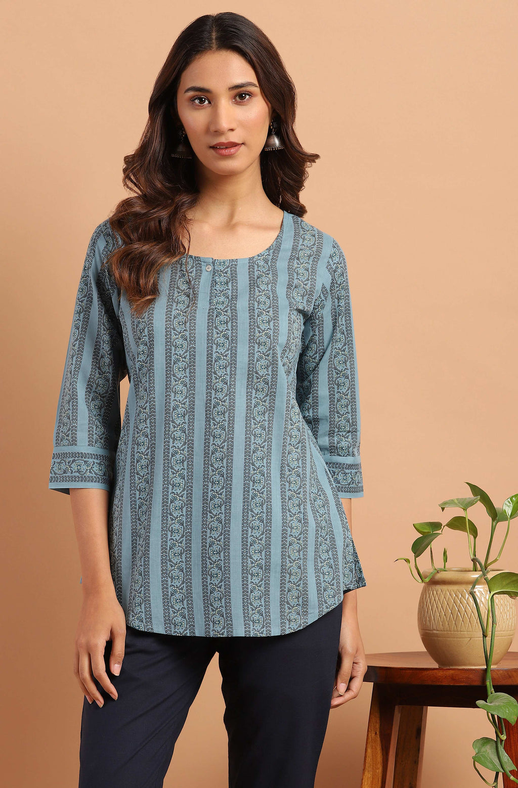 Janasya Women's Blue Cotton Floral Print Straight Tunic | Grocsy
