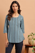 Janasya Women's Blue Cotton Floral Print Straight Tunic | Grocsy
