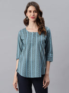 Janasya Women's Blue Cotton Floral Print Straight Tunic | Grocsy