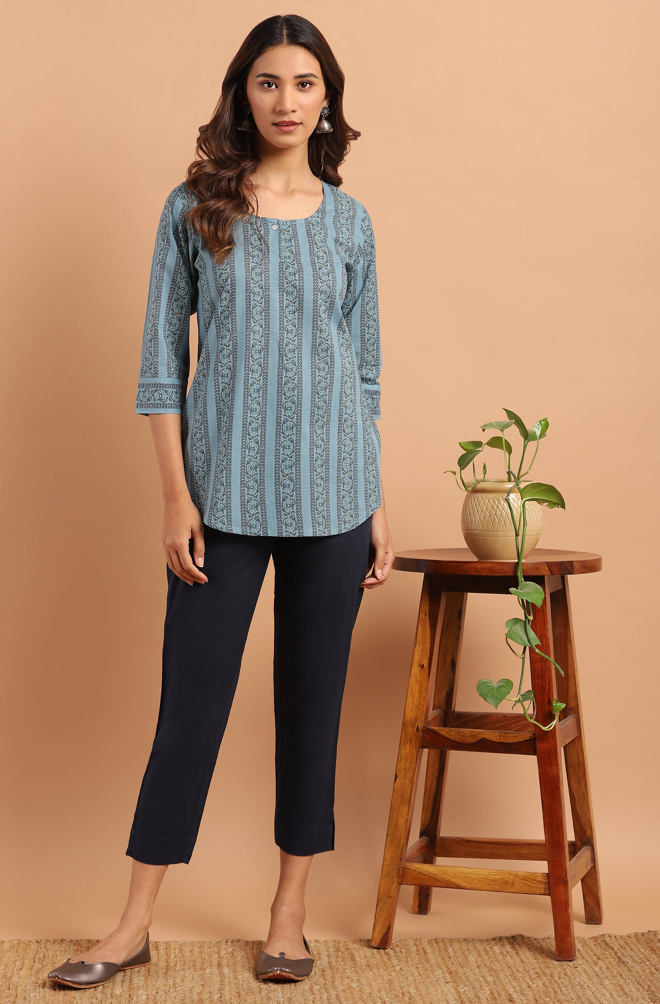 Janasya Women's Blue Cotton Floral Print Straight Tunic | Grocsy