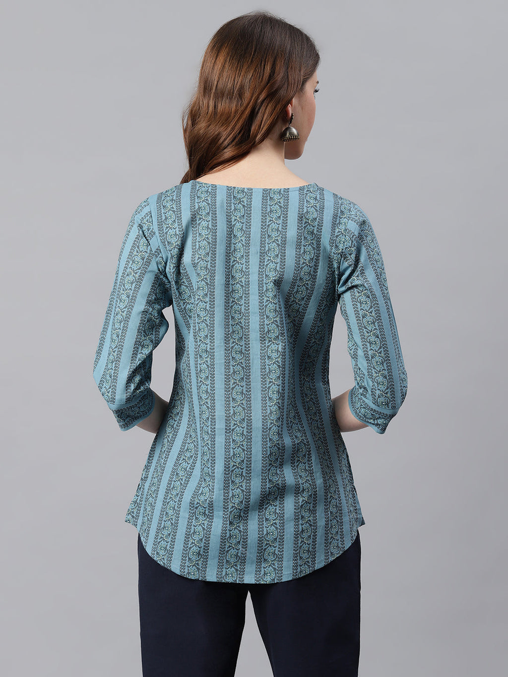 Janasya Women's Blue Cotton Floral Print Straight Tunic | Grocsy