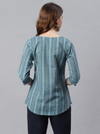 Janasya Women's Blue Cotton Floral Print Straight Tunic | Grocsy