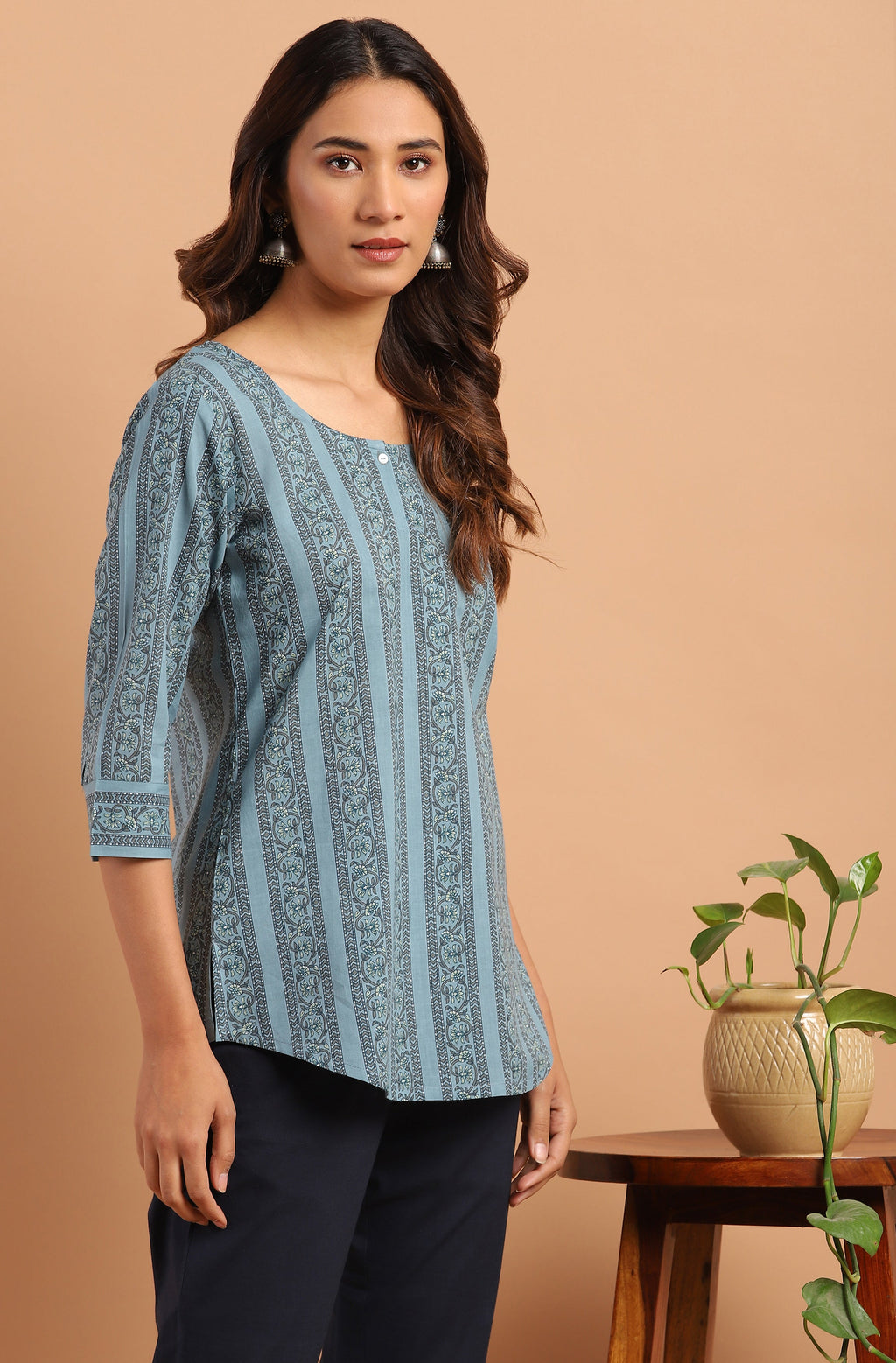Janasya Women's Blue Cotton Floral Print Straight Tunic | Grocsy