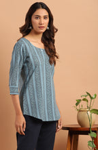 Janasya Women's Blue Cotton Floral Print Straight Tunic | Grocsy