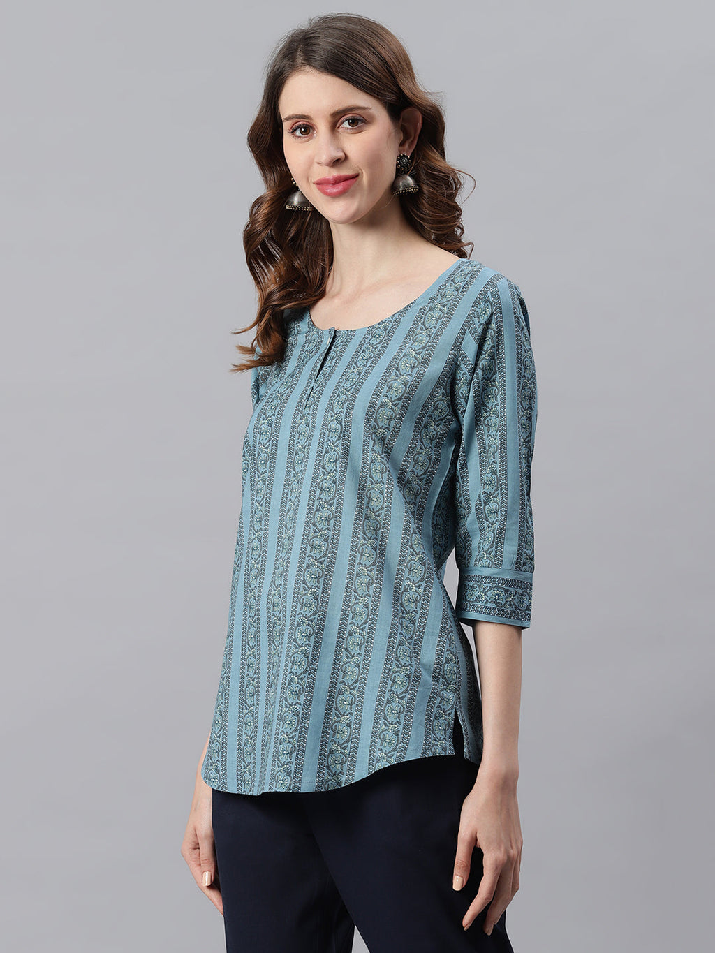 Janasya Women's Blue Cotton Floral Print Straight Tunic | Grocsy