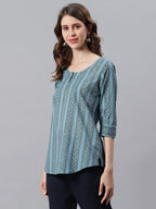 Janasya Women's Blue Cotton Floral Print Straight Tunic | Grocsy
