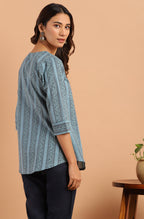 Janasya Women's Blue Cotton Floral Print Straight Tunic | Grocsy