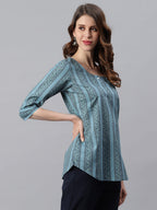 Janasya Women's Blue Cotton Floral Print Straight Tunic | Grocsy