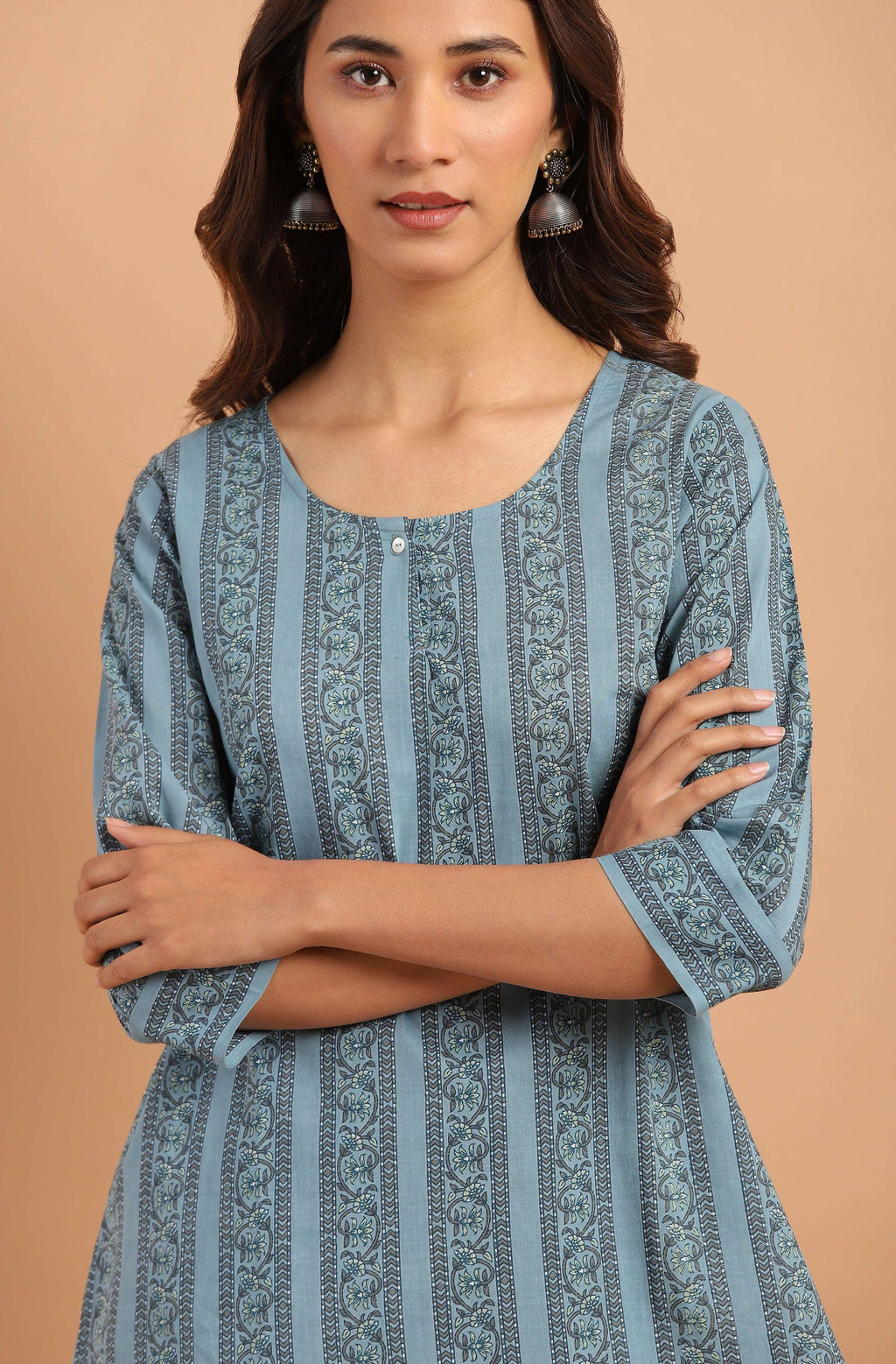 Janasya Women's Blue Cotton Floral Print Straight Tunic | Grocsy