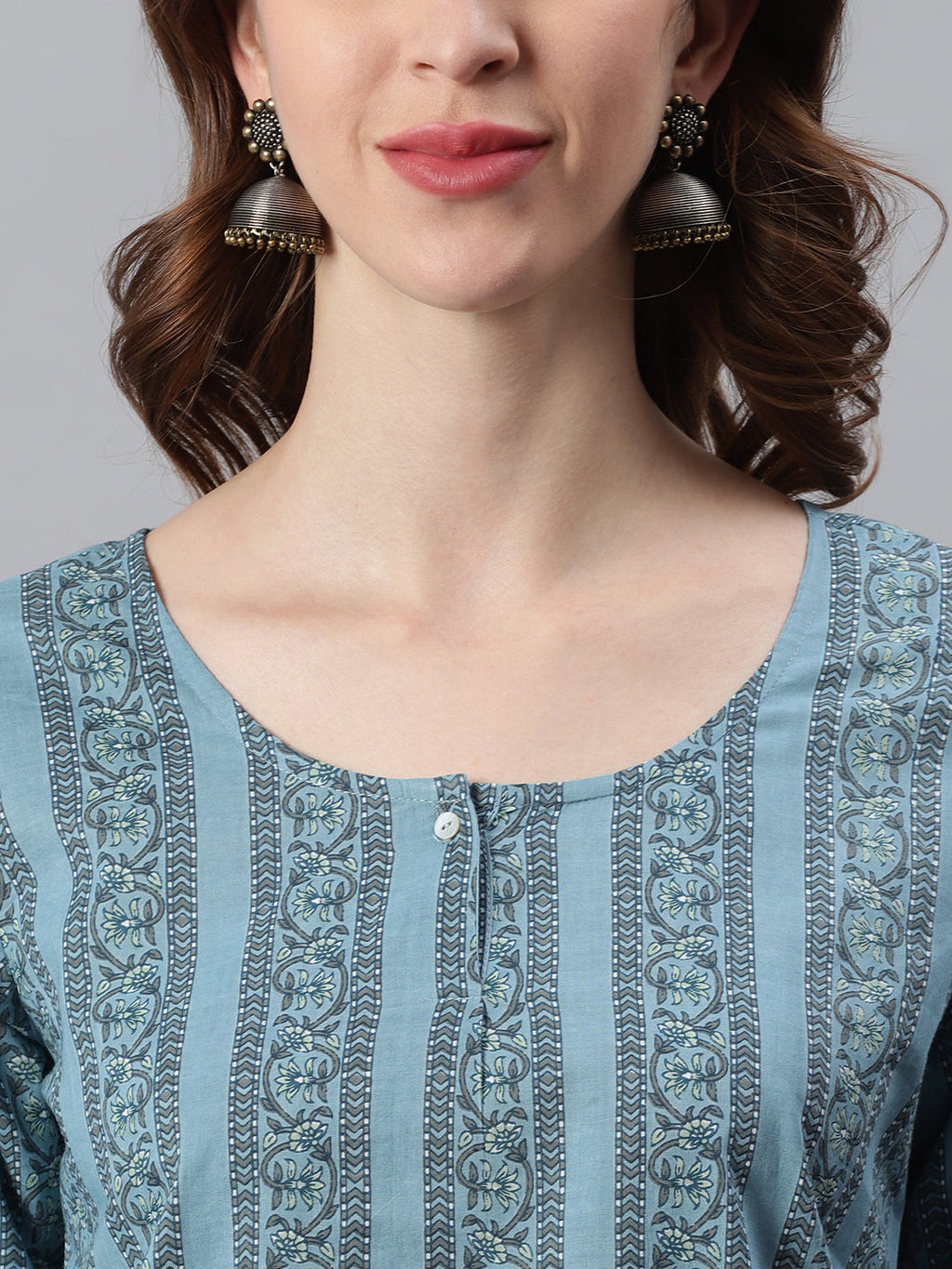 Janasya Women's Blue Cotton Floral Print Straight Tunic | Grocsy