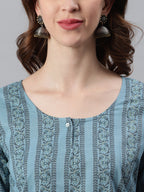 Janasya Women's Blue Cotton Floral Print Straight Tunic | Grocsy