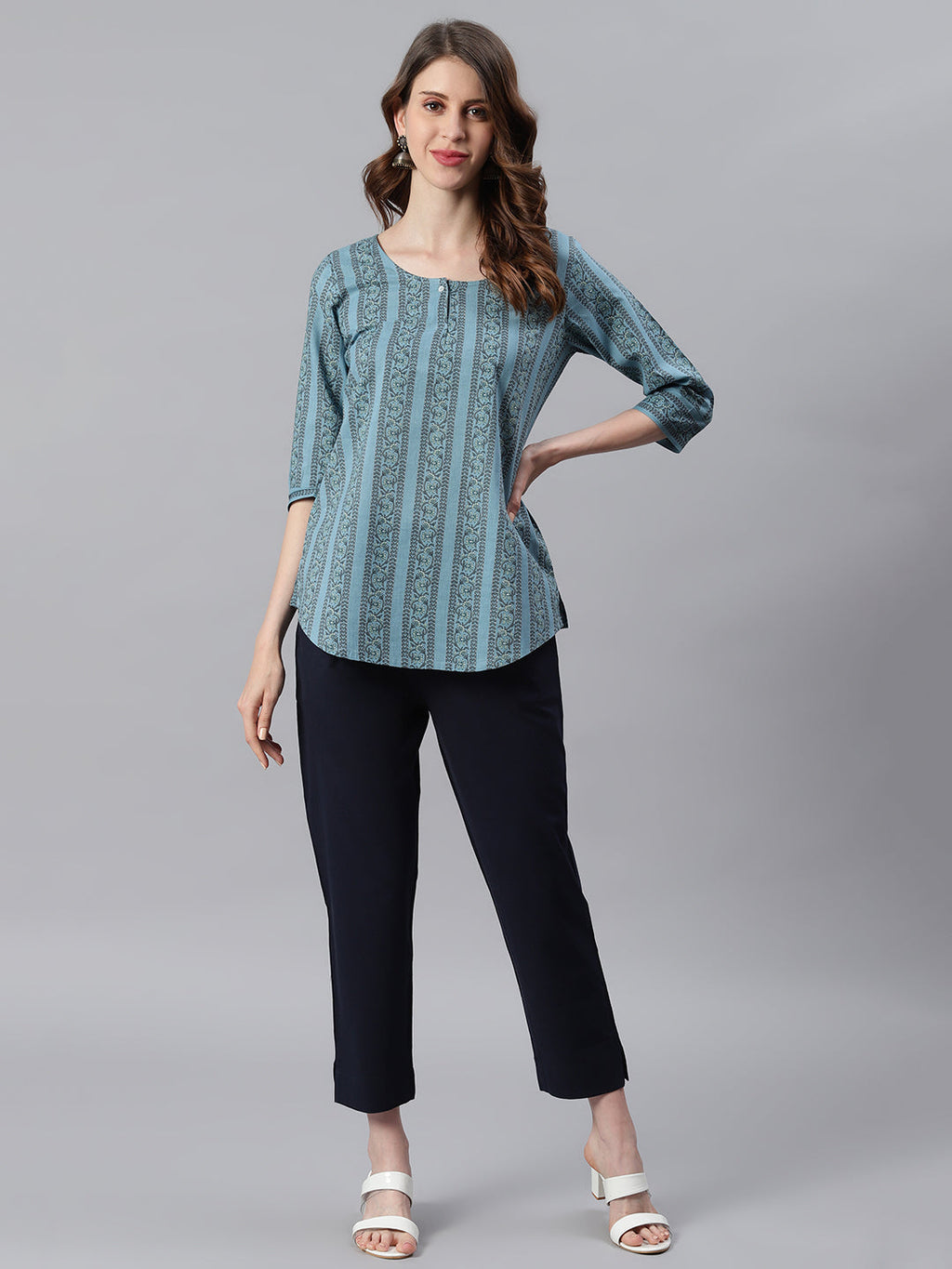 Janasya Women's Blue Cotton Floral Print Straight Tunic | Grocsy