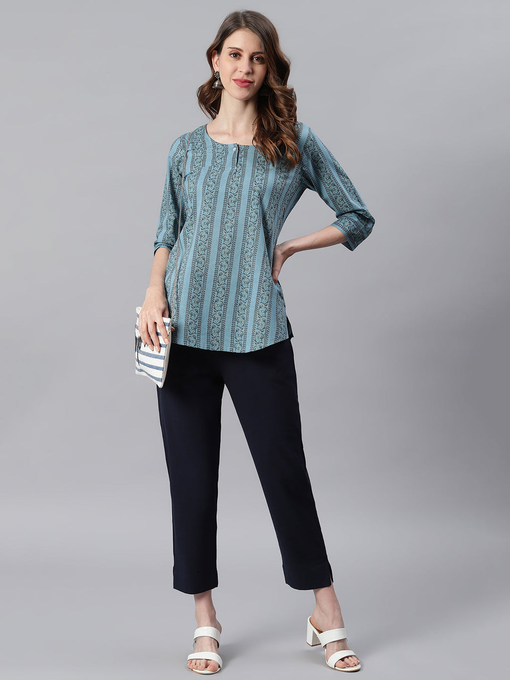 Janasya Women's Blue Cotton Floral Print Straight Tunic | Grocsy