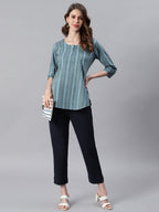Janasya Women's Blue Cotton Floral Print Straight Tunic | Grocsy