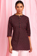 Janasya Women's Deep Blue Cotton Floral Print Straight Tunic | Grocsy